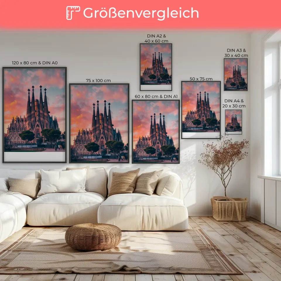 Poster Sagrada Família beeindruckendes Panorama Bild zur Goldenen Stunde 7