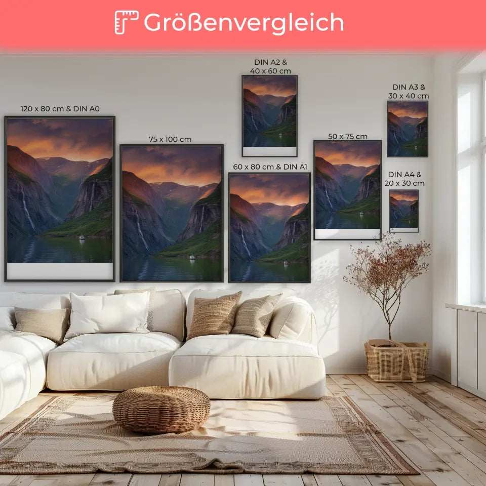 Poster Geirangerfjord Norwegen Panorama Bild zur Goldenen Stunde 7