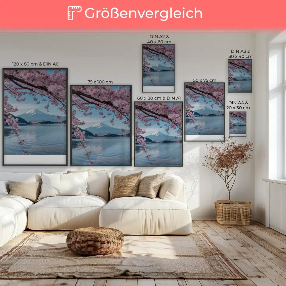 Poster Fuji Japan mit Kirschblüten im See отражать 7