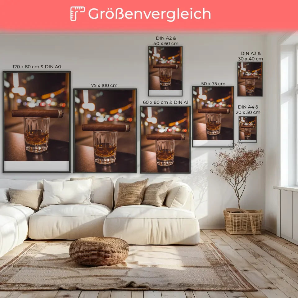 Poster Whiskyglas mit Zigarre und Stadtlichtern 7