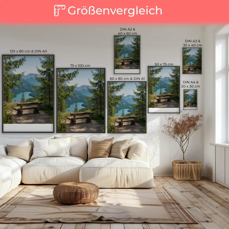 Poster Naturlandschaft mit Holzbank und türkisfarbenem See 7