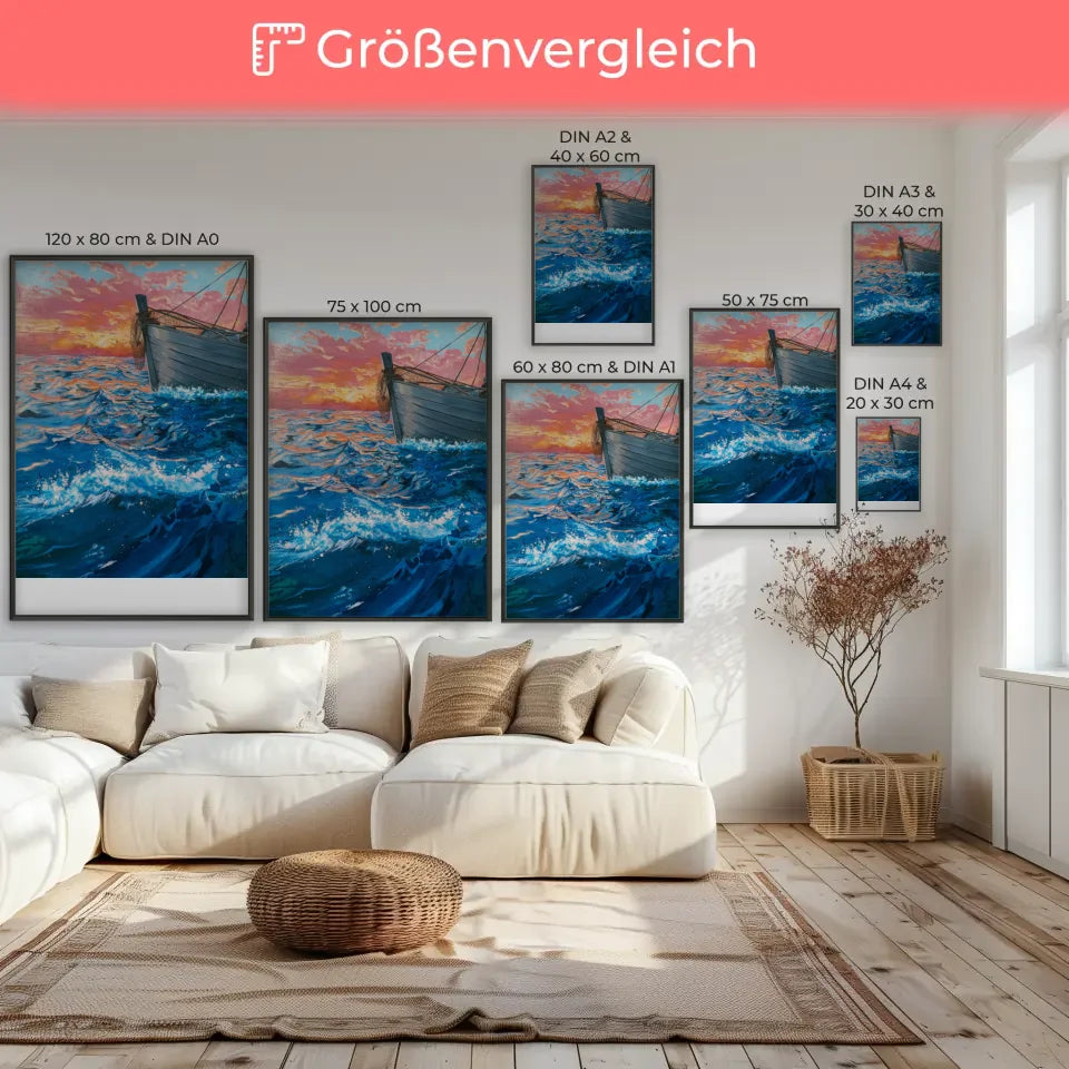 Impressionistisches Poster Fischerboot auf Wasser mit Sonnenuntergang 7