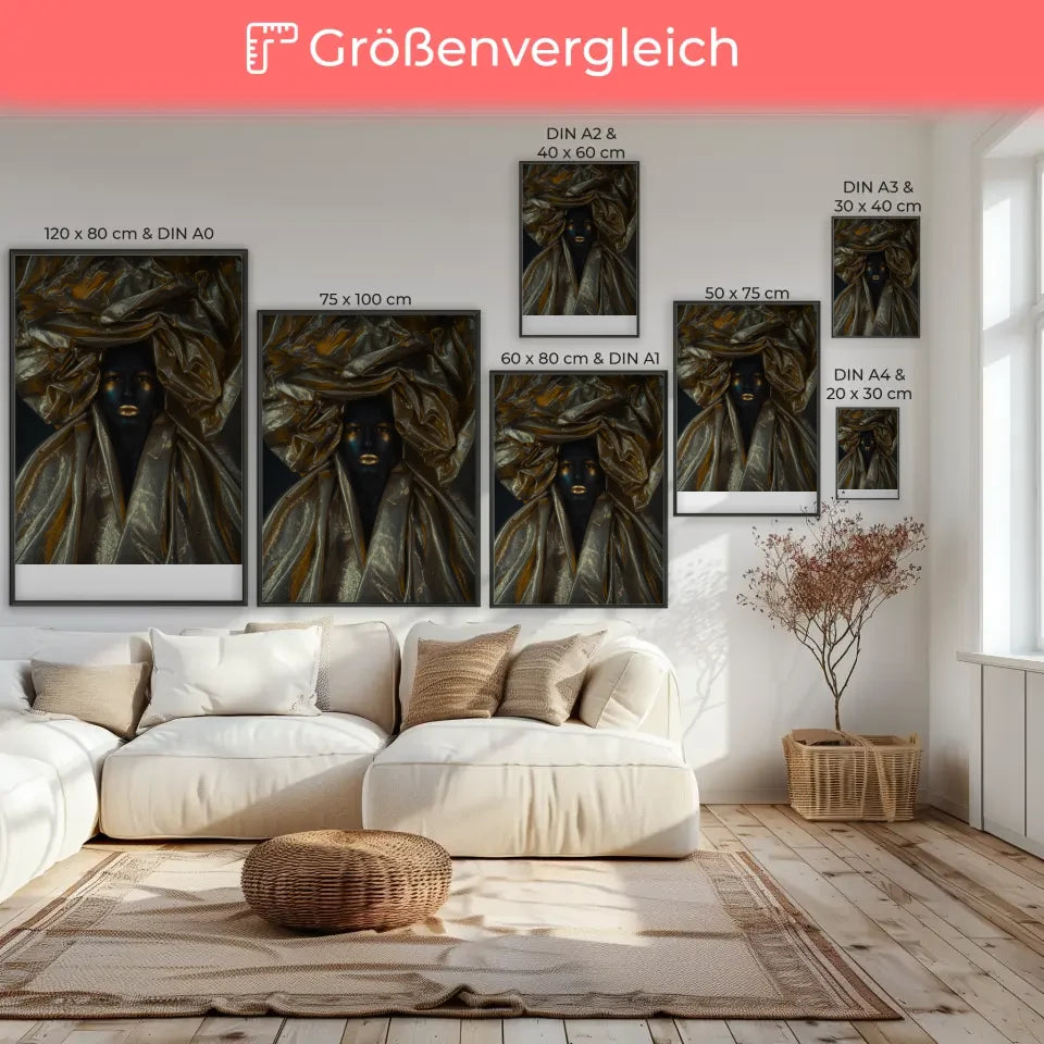 Geheimnisvoller Poster mit königlicher Person und goldschimmerndem Kopfschmuck 7