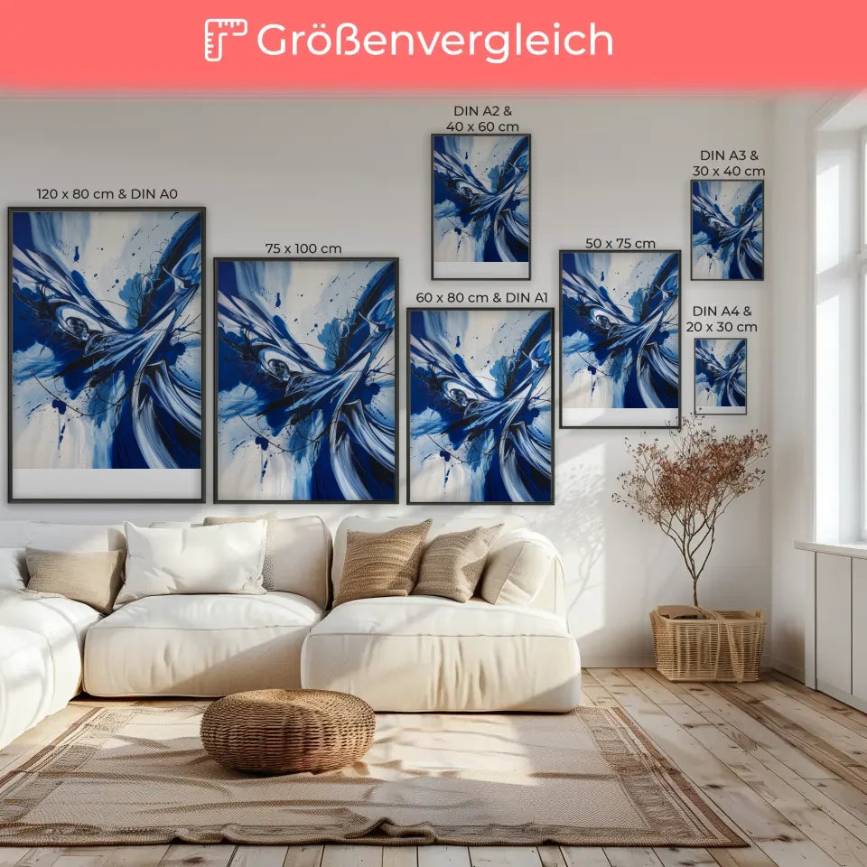 Abstraktes Poster in Blau mit dynamischen Pinselstrichen 7