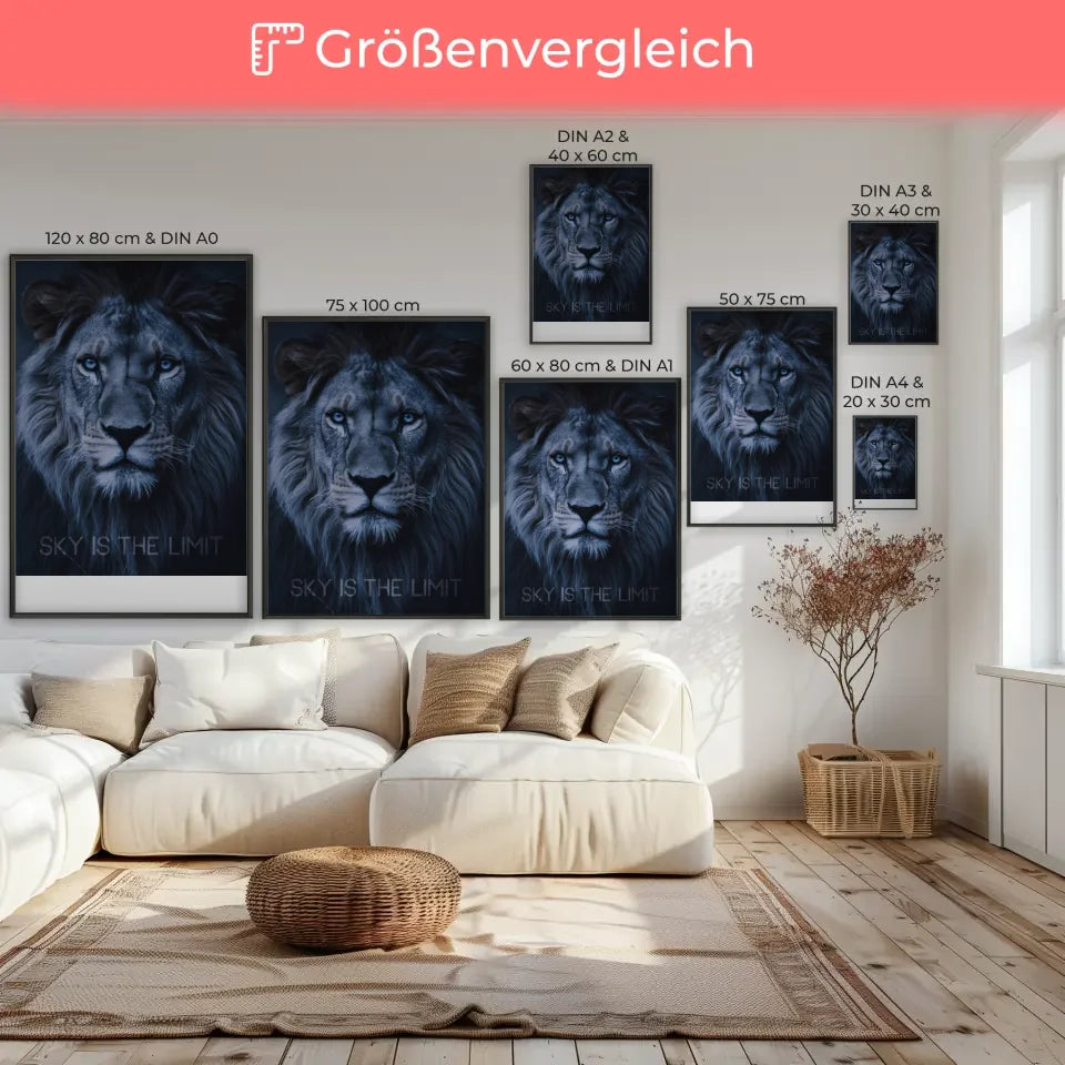 Poster Löwengesicht mit blauen Augen und inspirierender Botschaft 7