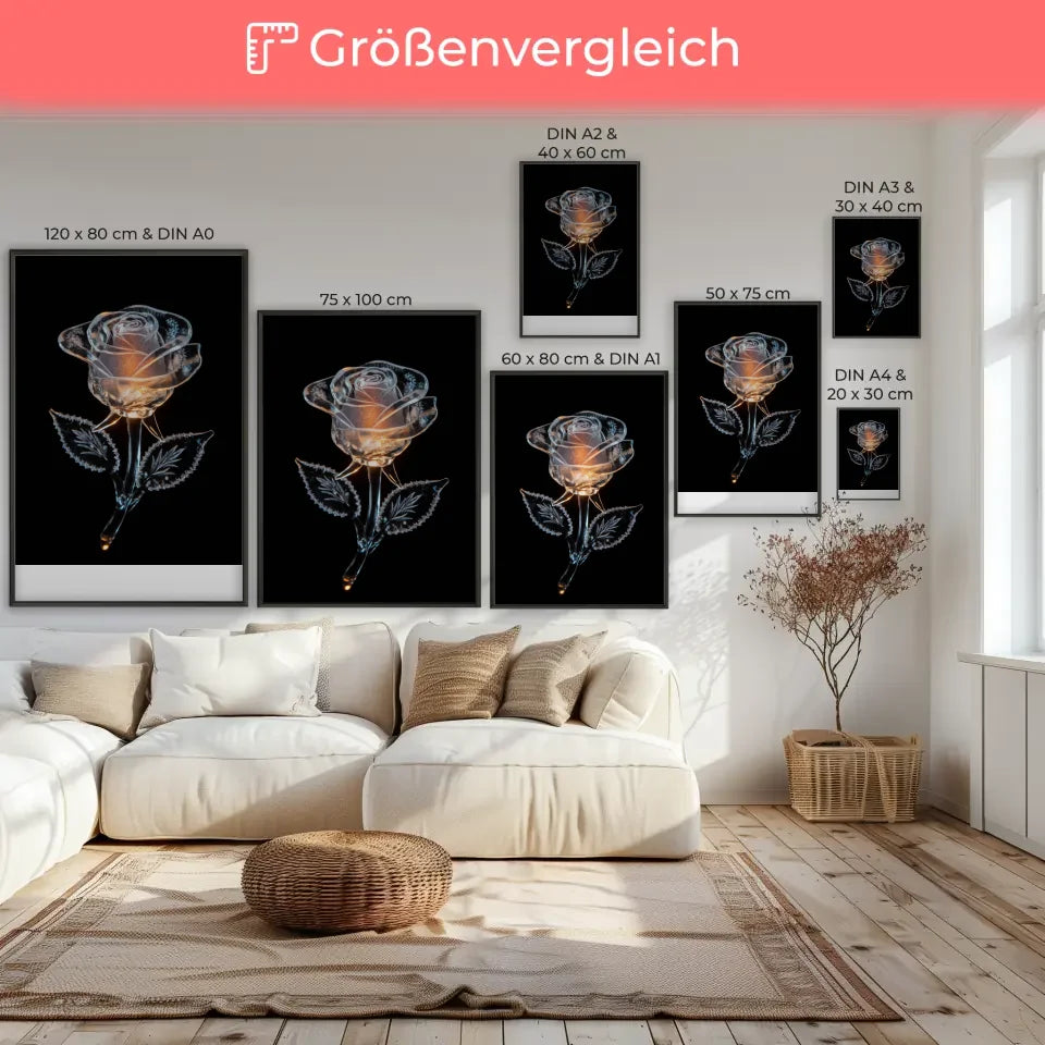 Eisrose Poster in traumhaftem Glanz auf schwarzem Hintergrund 7