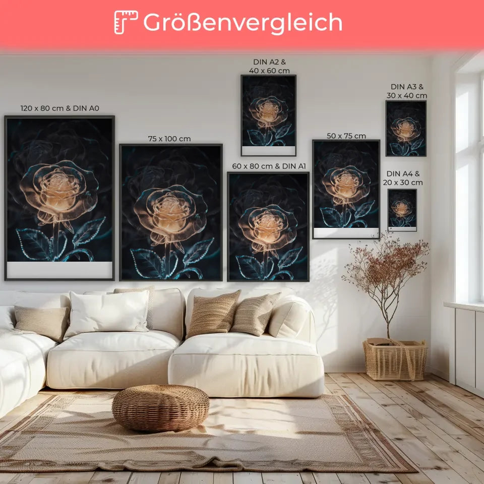 Eisrose Poster mit leuchtender Aura vor schwarzem Hintergrund 7