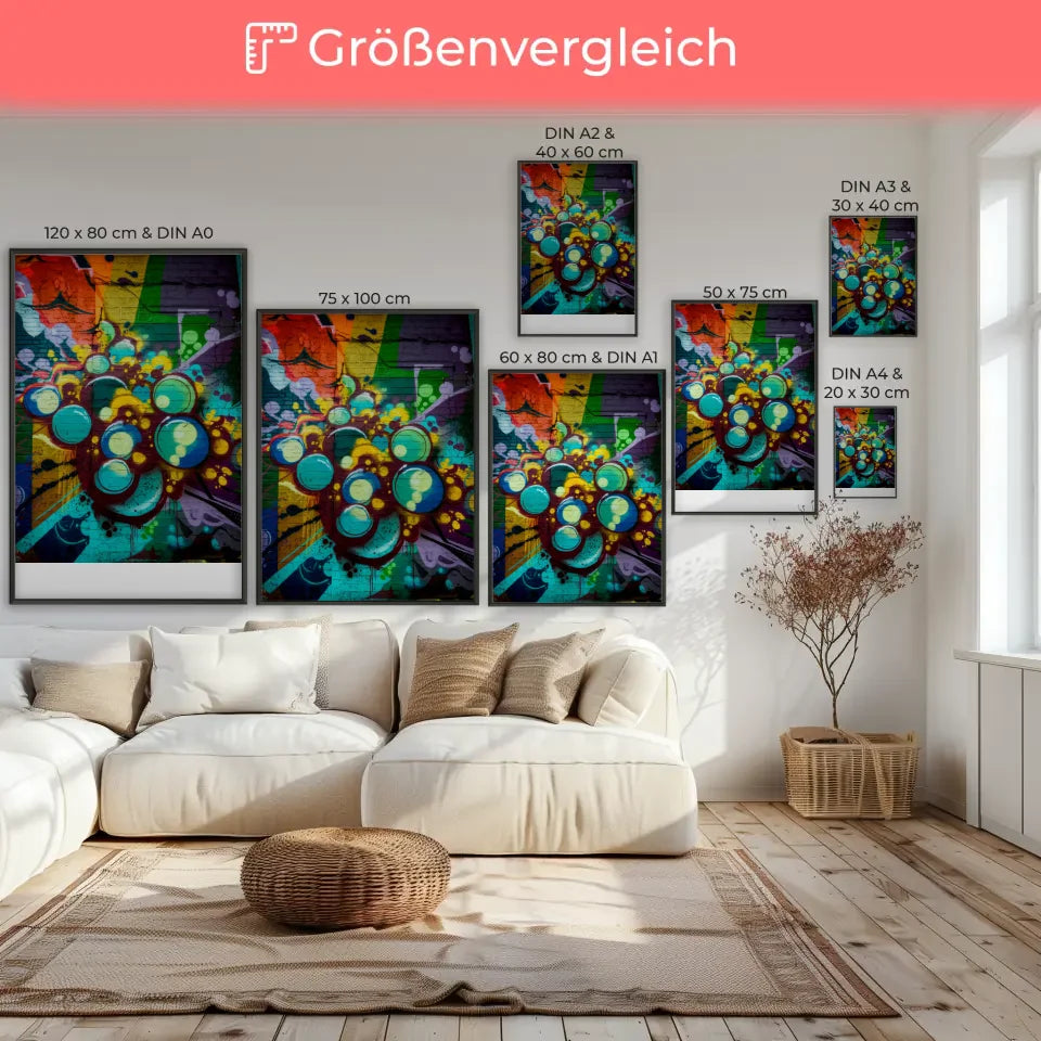Poster urbanes Graffiti lebendige Farben auf Ziegelwand 7