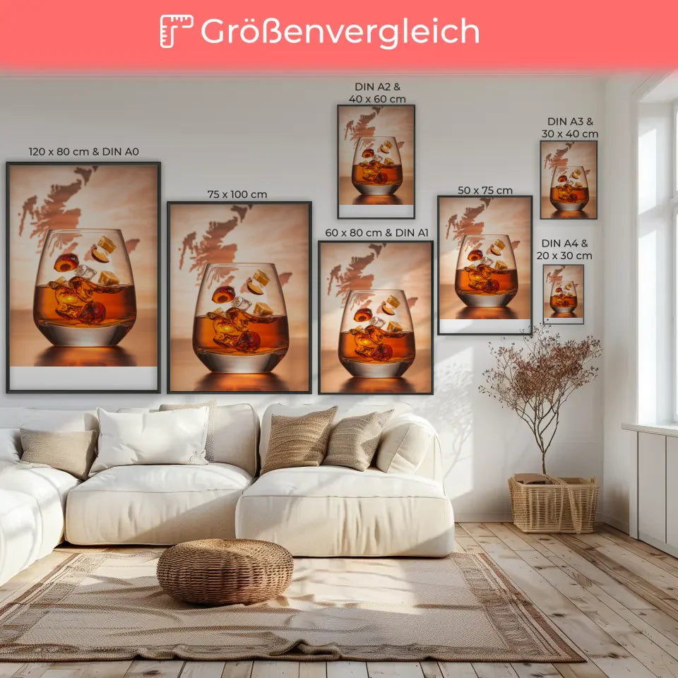 Whisky Genuss Poster mit Glas und schottischer Küstenlandschaft 7