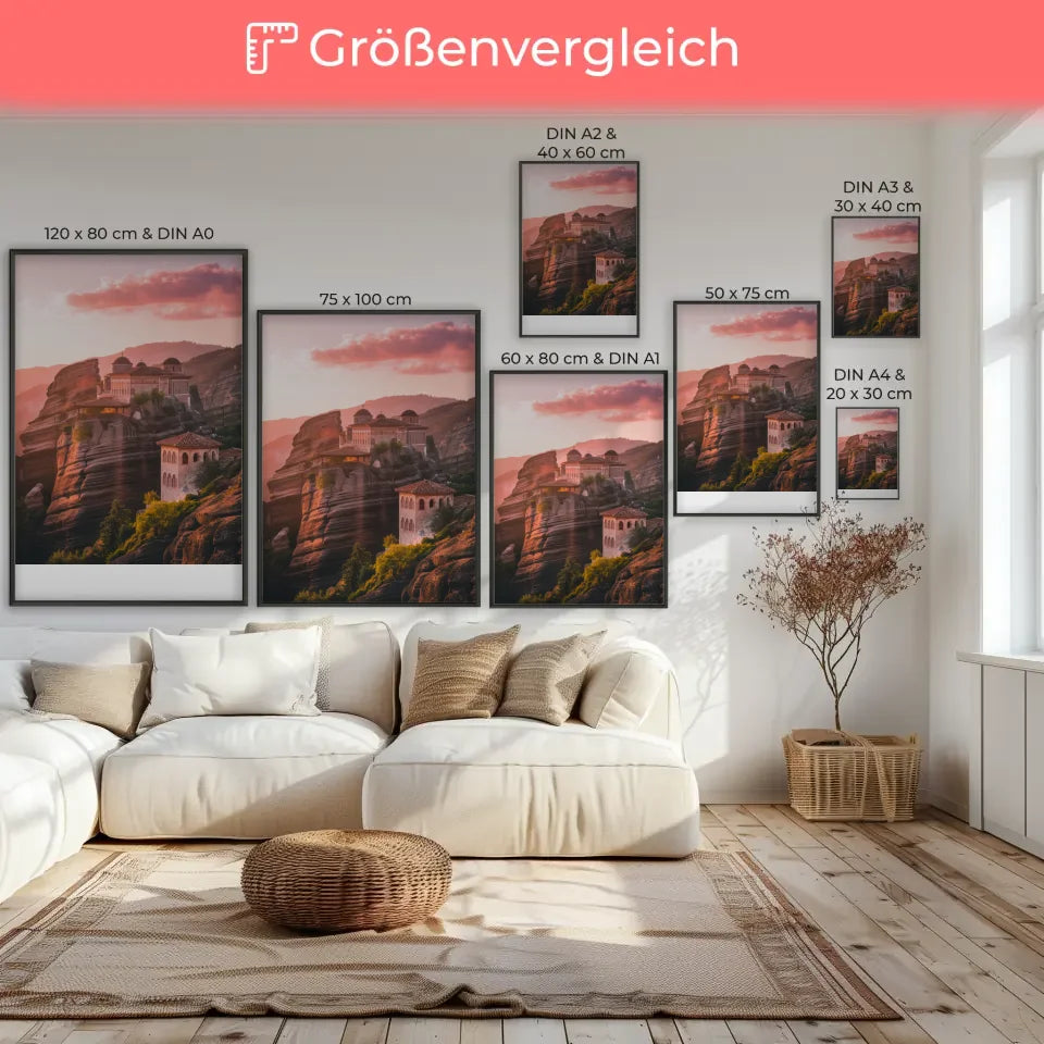 Poster von Meteora Klöstern in Griechenland zur Goldenen Stunde 7