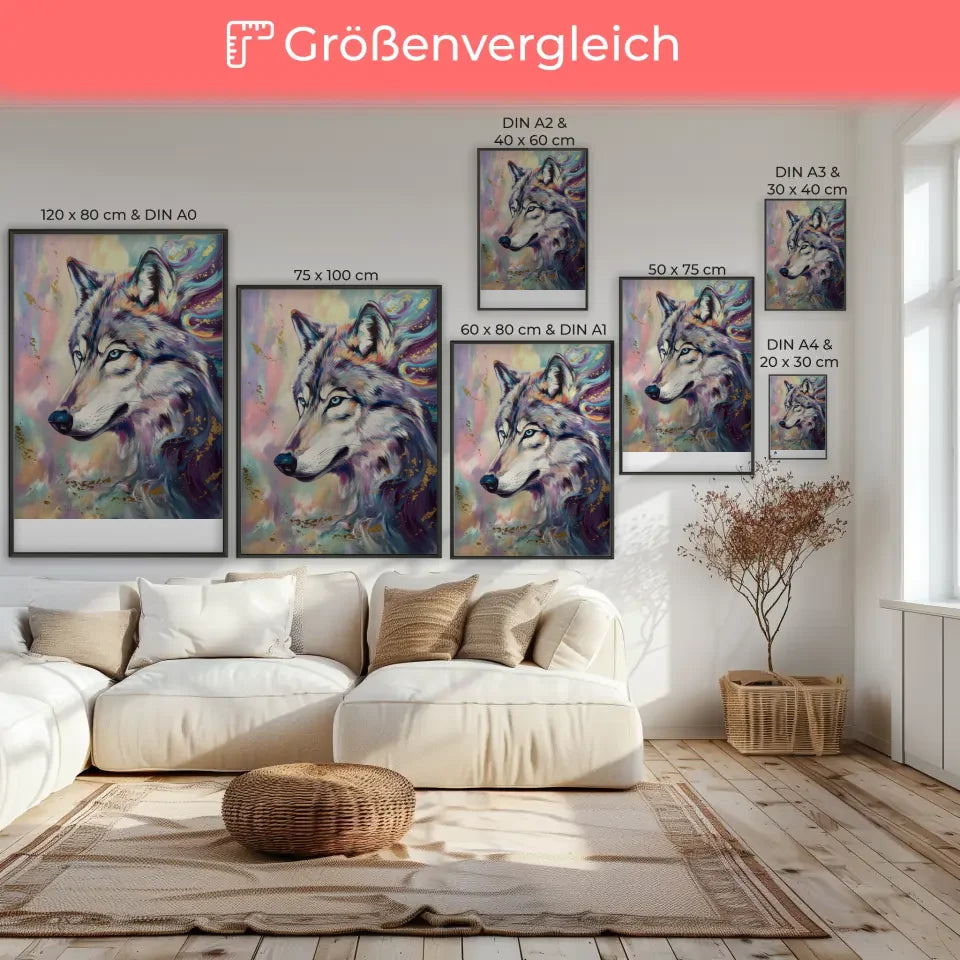 Poster eines Wolfsgesichts mit bunten Akzenten und Pastellfarben 7