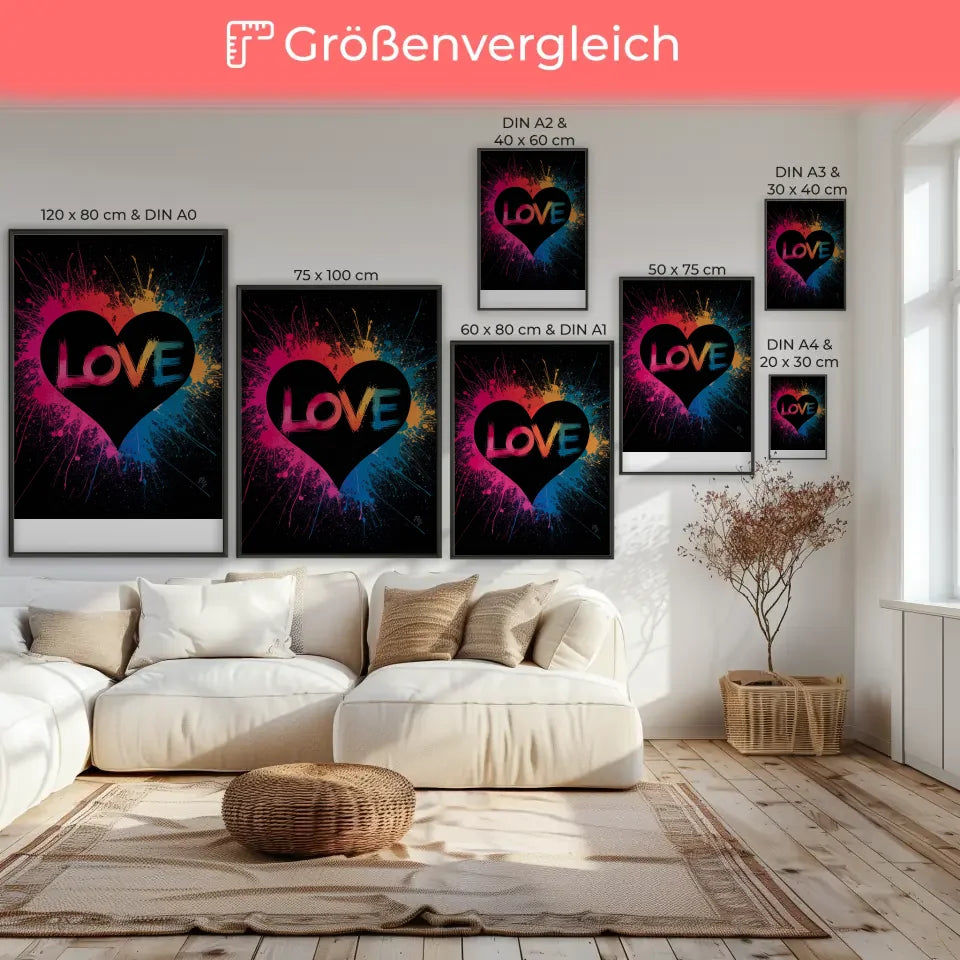 Farbenfrohes Poster mit Herz und Love Spritzermuster für deine Wand 7