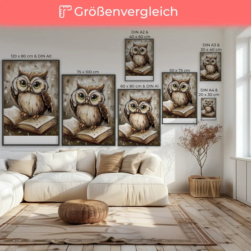 Niedliche Eule Poster mit Brille und Buch Kunstwerk 7