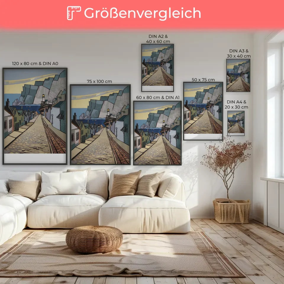 Minimalistischer Poster Küstenstadt im Dämmerlicht Van Gogh Stil 7