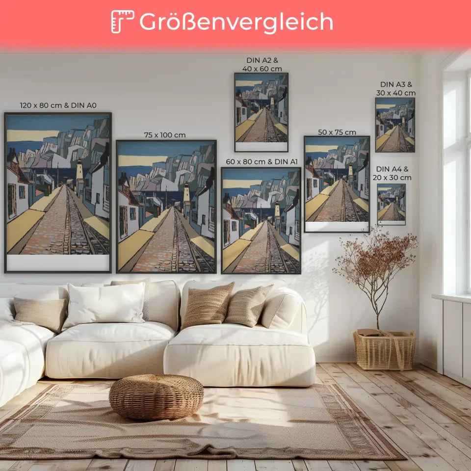 Minimalistisches Poster Küstenstadt Dämmerung Leuchtturm van Gogh Stil 7