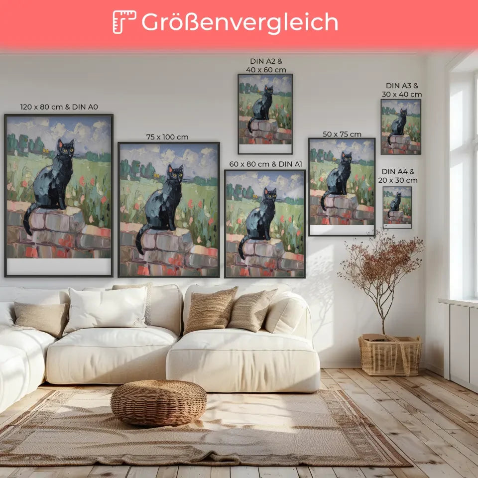 Poster schwarze Katze auf Steinmauer im Impressionismus 7