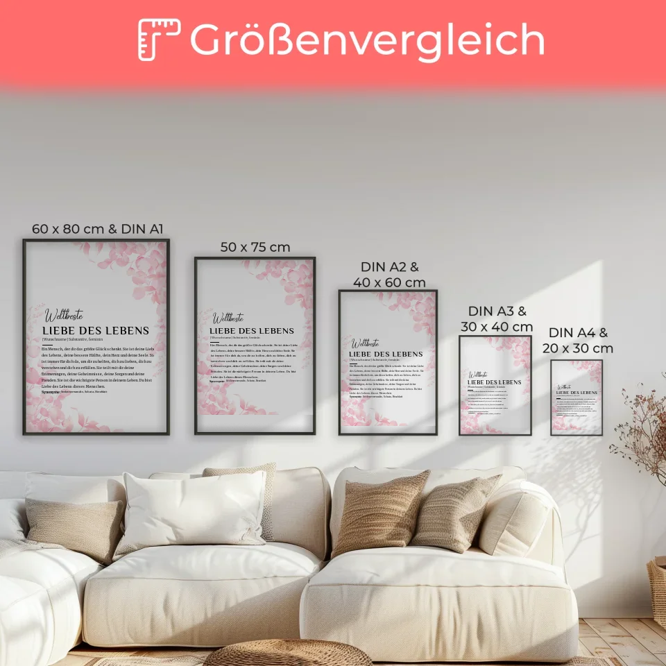 Personalisiertes Poster Definition Liebe des Lebens Rosa Floral mit Name