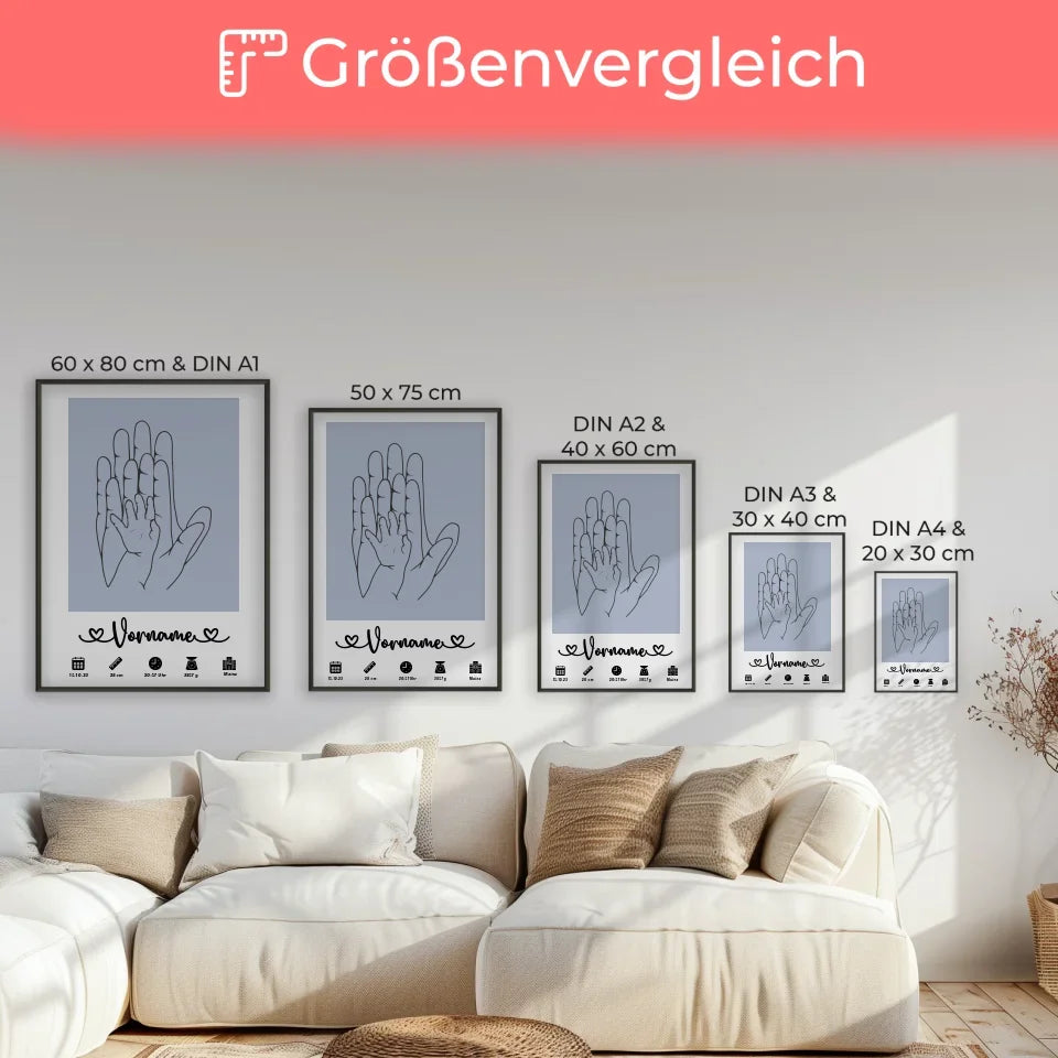 Personalisiertes Poster Geburt mit Geburtsdaten Hände Lineart Blau Pastell 7