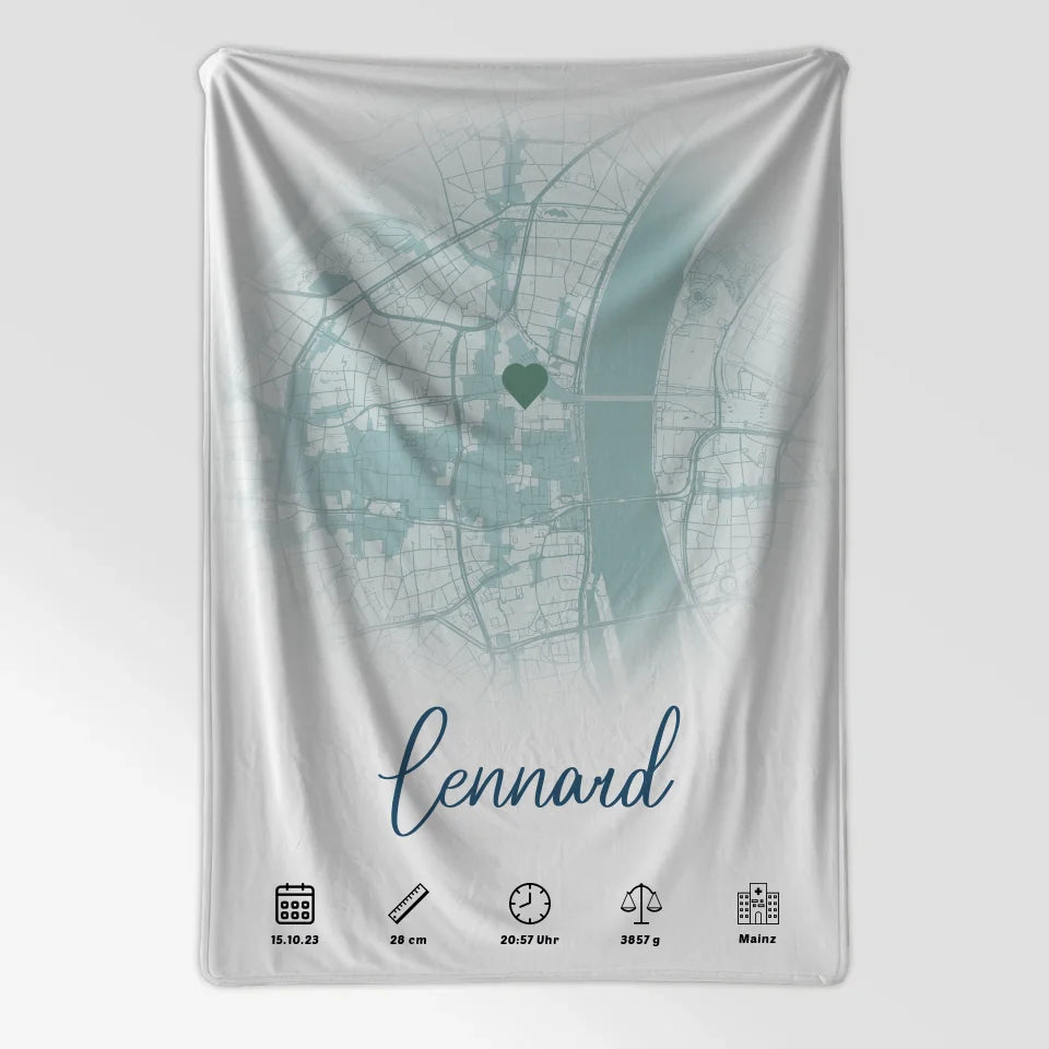 Personalisierte Geburtsdecke blau mit Geburtsdaten und Geburtsort Karte Jungen 7