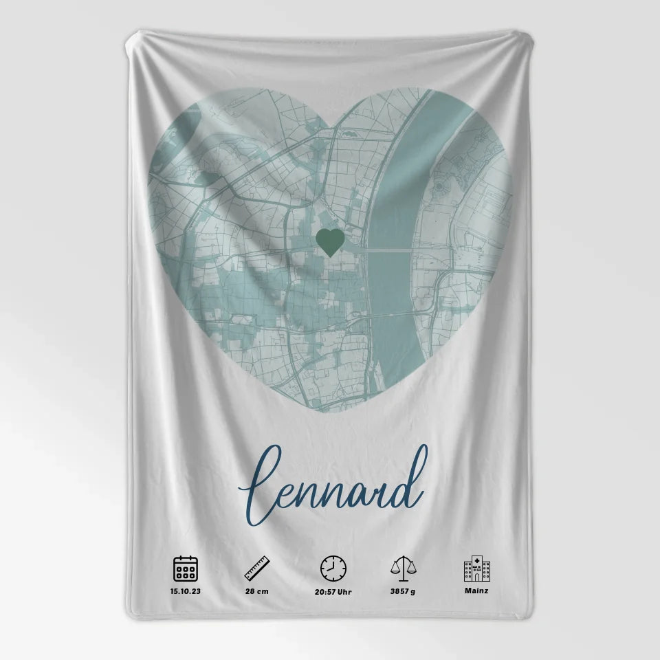 Personalisierte Geburtsdecke Jungen mit Geburtsdaten und Geburtsort Karte Blau 7