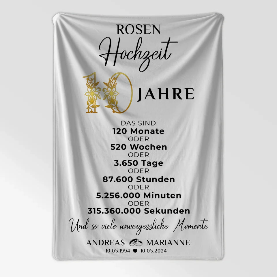 Personalisierte Decke Geschenk zur Rosenhochzeit 10 Hochzeitstag Momente Namen Wunschtext 7
