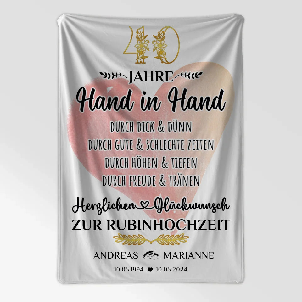Personalisierte Decke Geschenk zur Rubinhochzeit Hand in Hand 7
