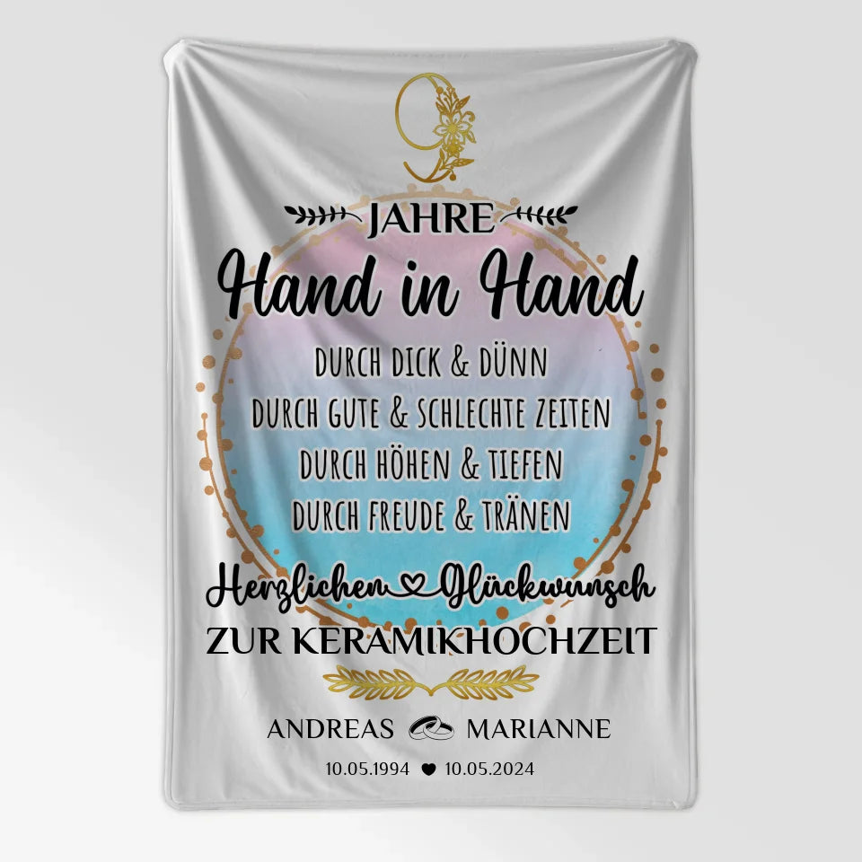 Personalisierte Decke Geschenk zur Keramikhochzeit 9 Hochzeitstag Hand in Hand 7