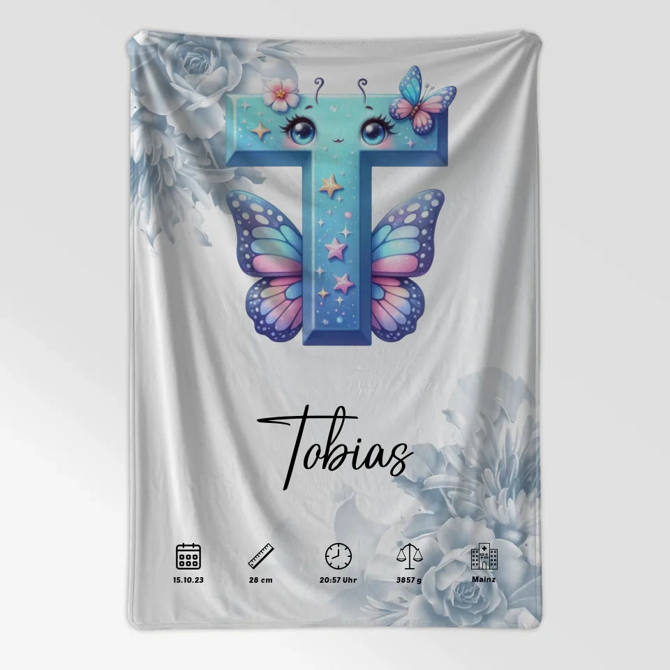 Personalisierte Buchstaben Decke Blüten Blau Buchstabe T A-Z 7