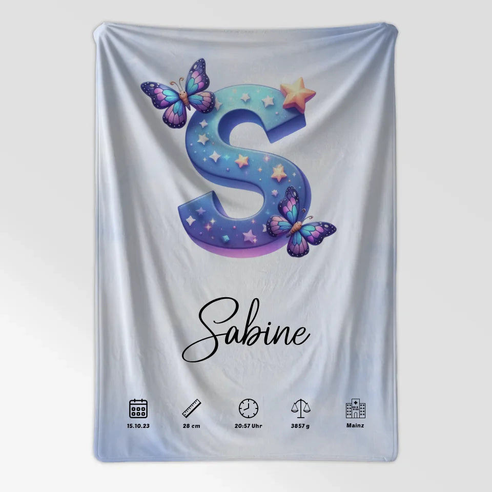 Personalisierte Decke mit Anfangsbuchstaben S im Wasserfarben Stil Hellblau 7