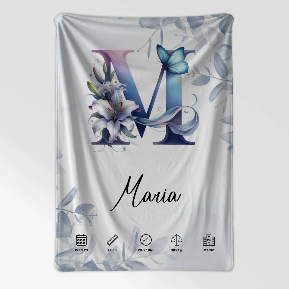 Personalisierte Decke mit Anfangsbuchstaben M Eucalyptus Blau Geschenk Geburt 7