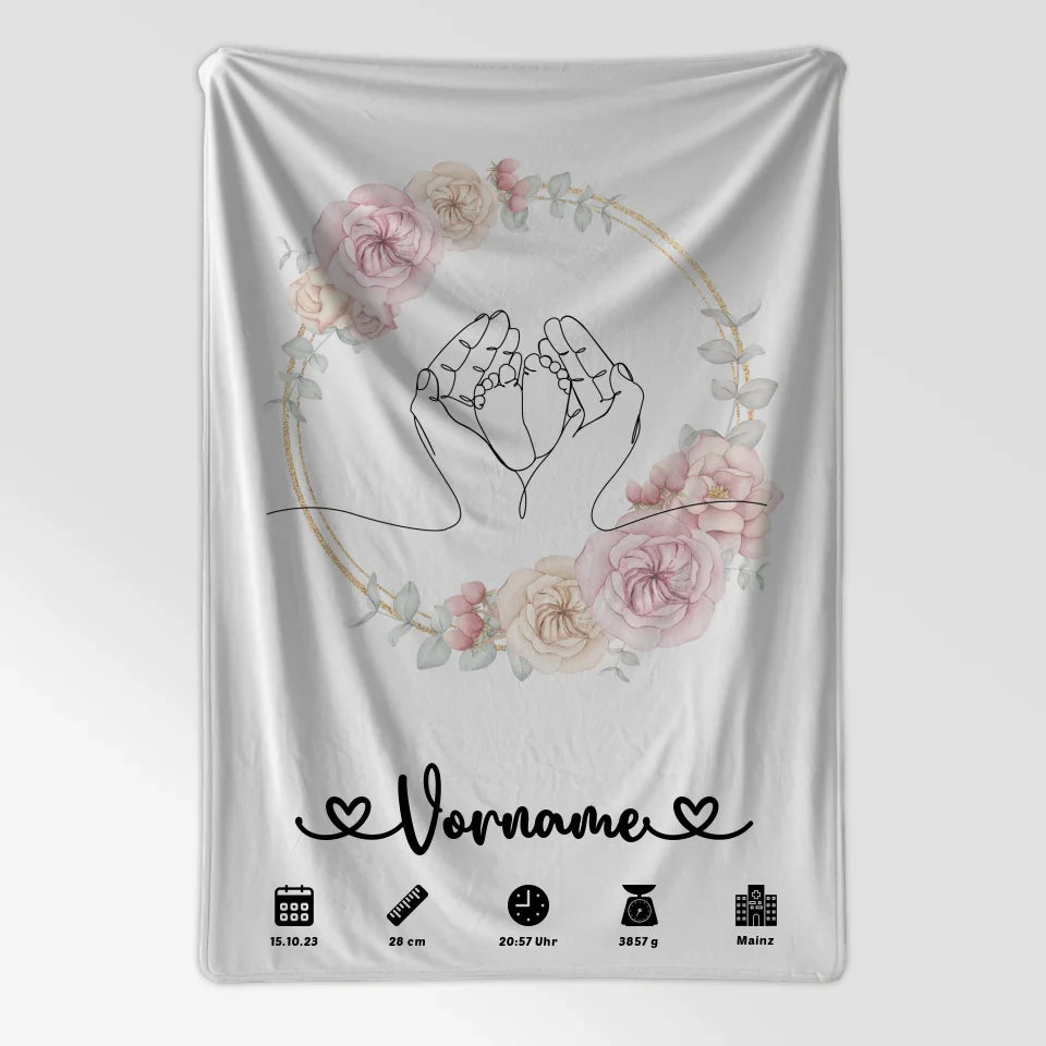 Personalisierte Geburtsdecke Floral Kreis mit Babyfüßen Lineart 7