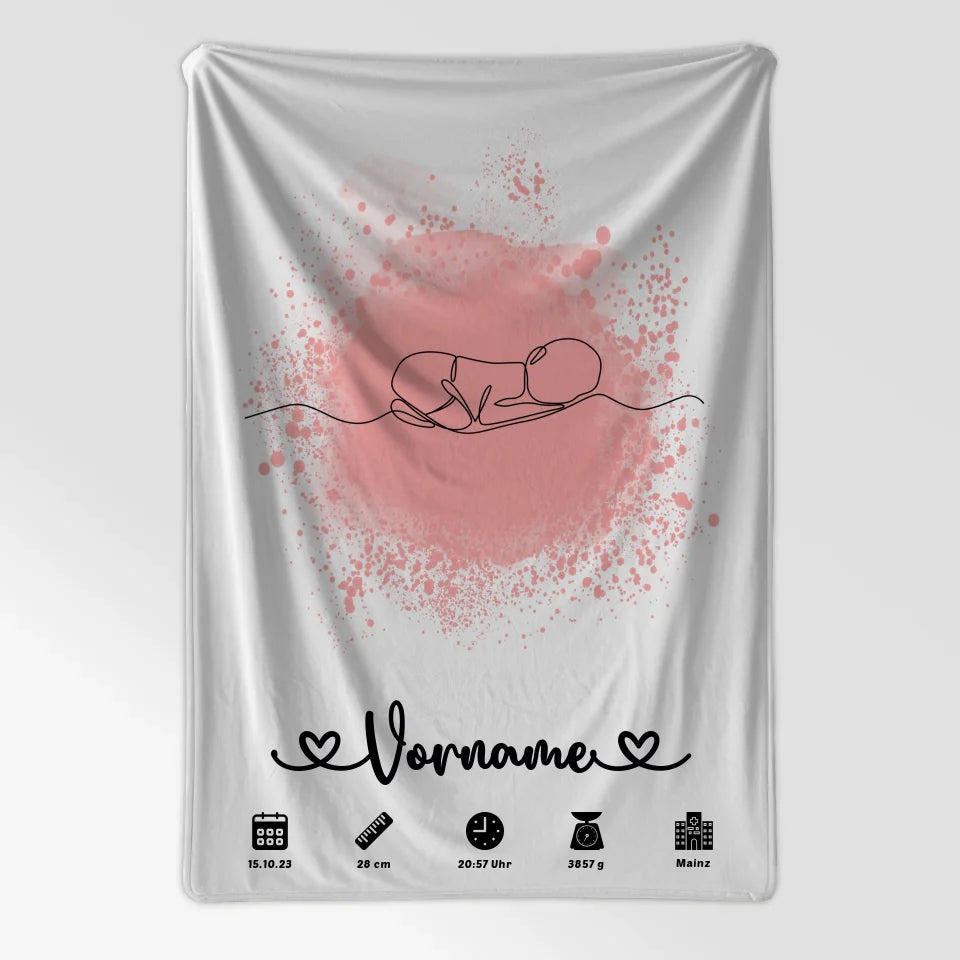 Geburtsdecke personalisiert Farbspitzer Rosa Baby Lineart für Kinderzimmer 7