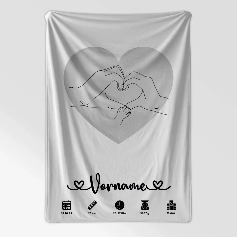 Personalisierte Geburtsdecke Wasserfarben Herz Grau mit Name 7