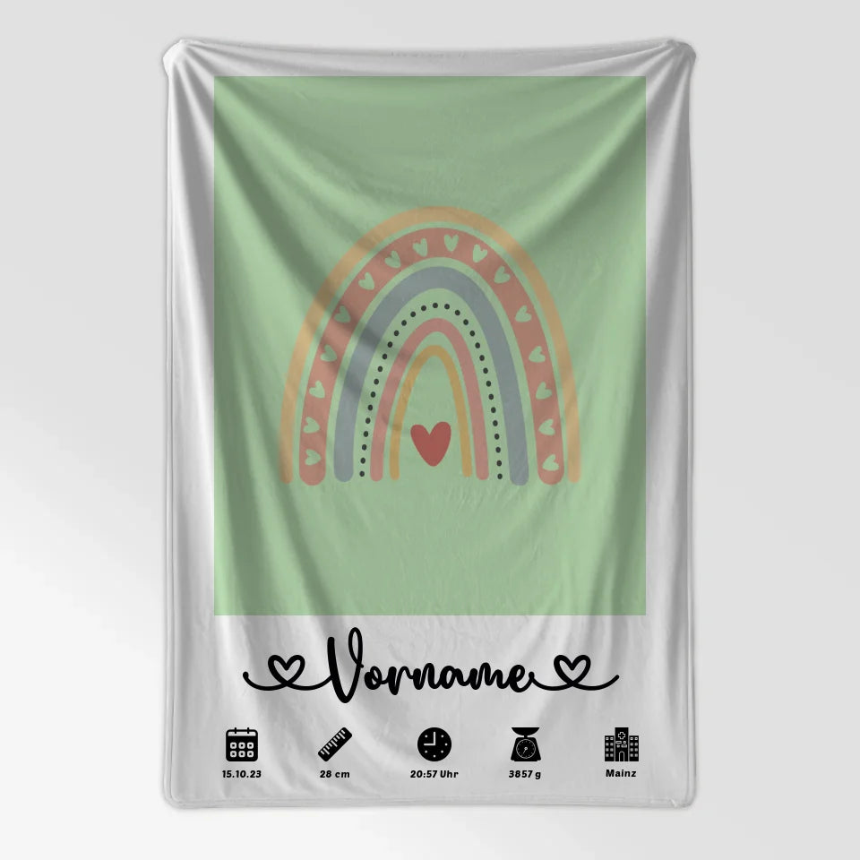 Personalisierte Decke Geburt Regenbogen Herz Weißgrün mit Namen für Kinderzimmer 7