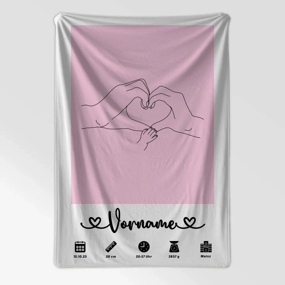 Personalisierte Geburtsdecke mit Geburtsdaten Hände Lineart Hellrosa 7
