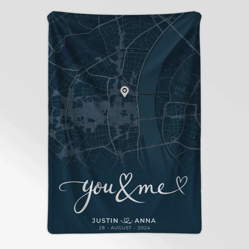 Personalisierte Liebes Decke Blau mit Stadtkarte für Paare You & Me 7
