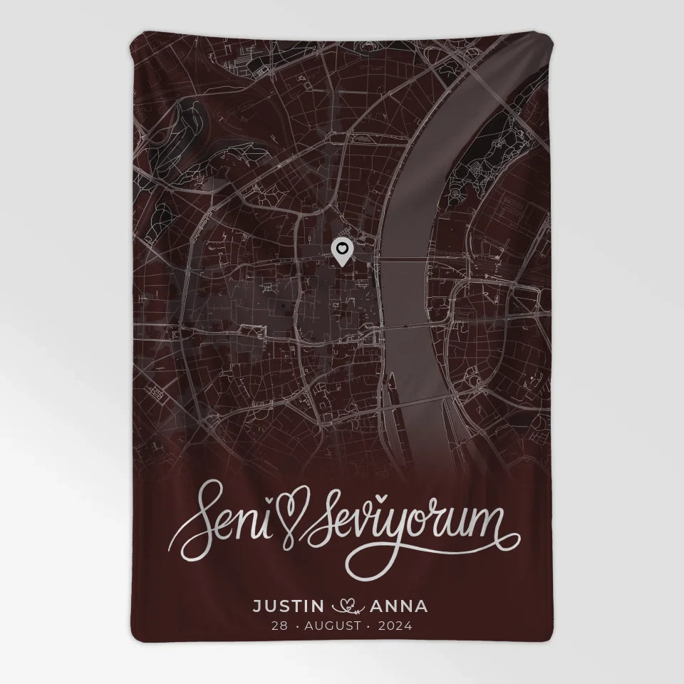 Personalisierte Decke Paare Stadtkarte Seni Seviyorum Geschenk 7