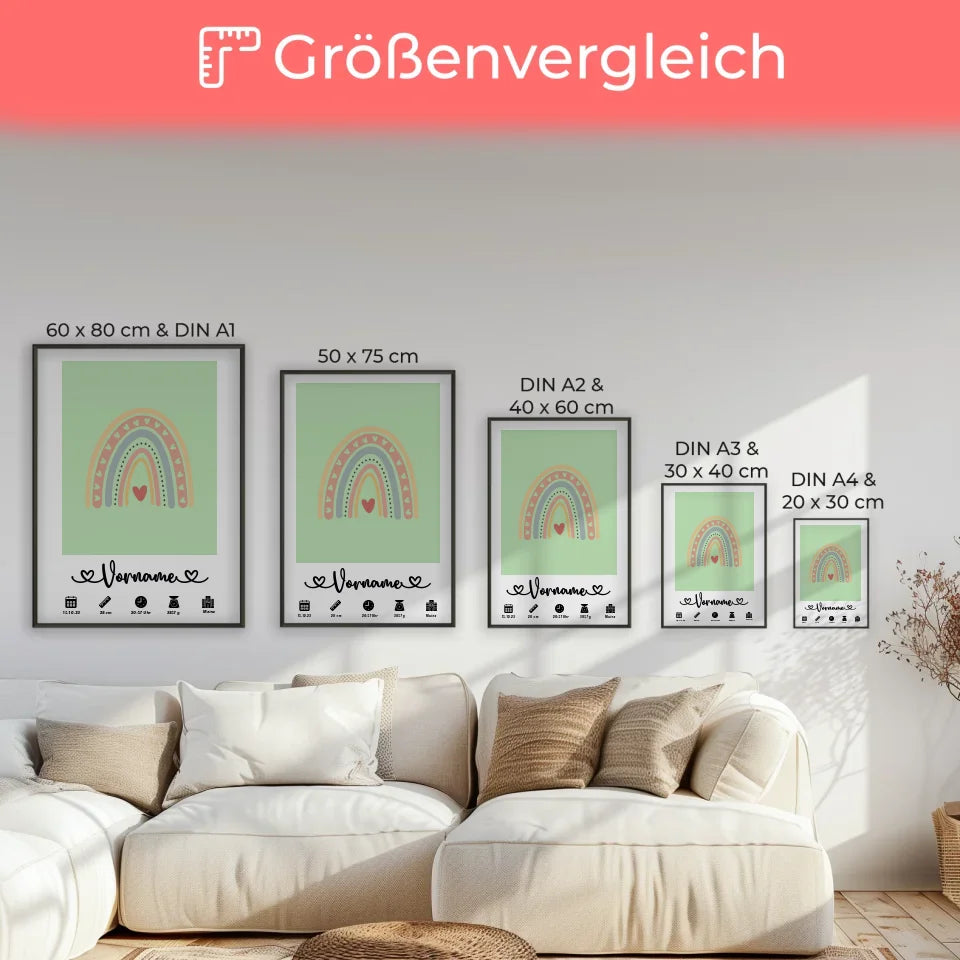 Personalisiertes Poster Geburt mit Namen Regenbogen Herz Weißgrün 7