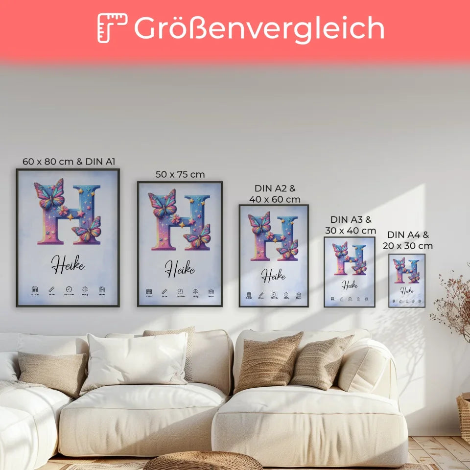 Personalisierte Poster Anfangsbuchstaben H Wasserfarben Stil Hellblau 7