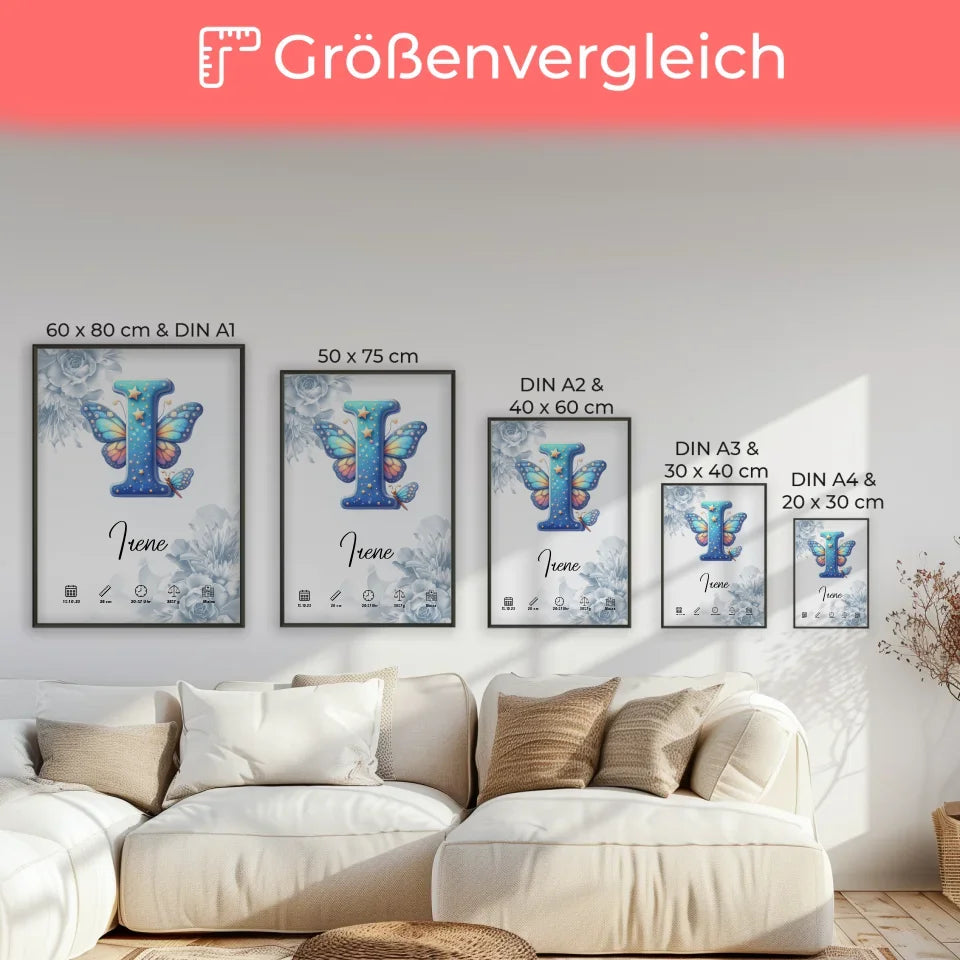 Blüten Blau Poster mit Anfangsbuchstaben I für Geburt personalisiert 7