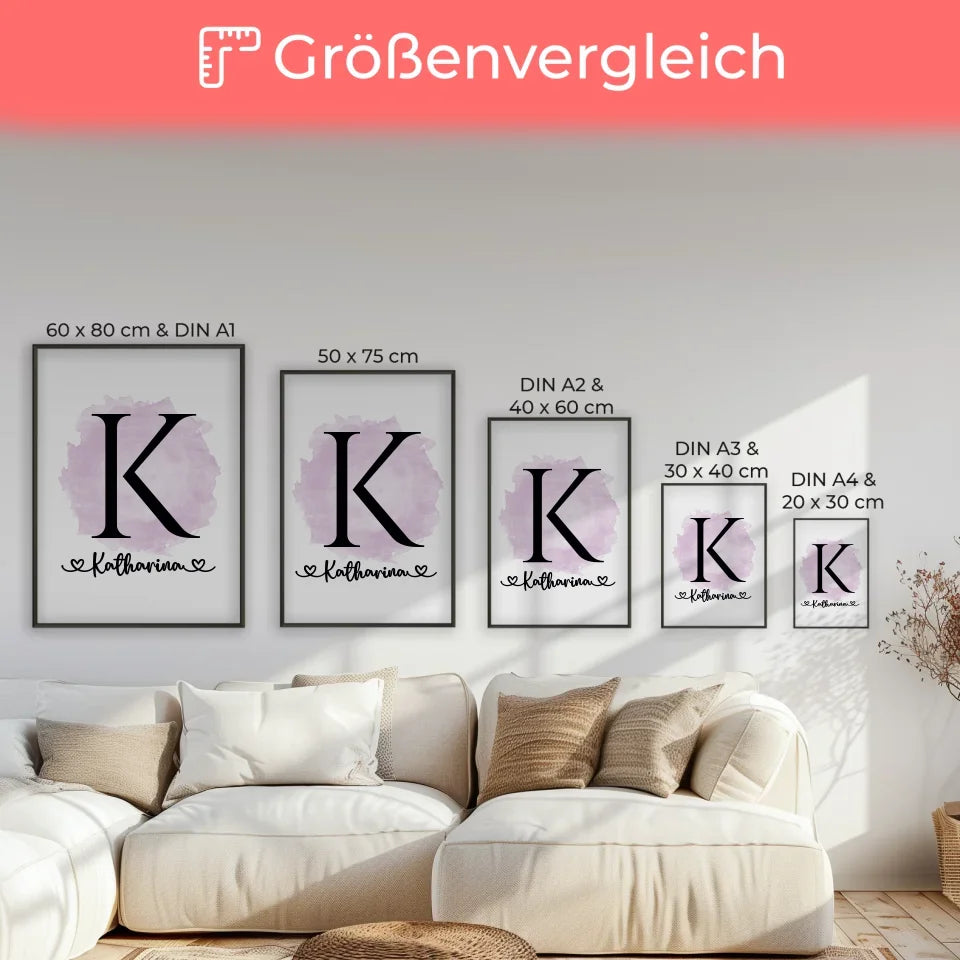 Personalisierte Poster Anfangsbuchstaben Buchstabe K Pinsel Klecks Pink 7
