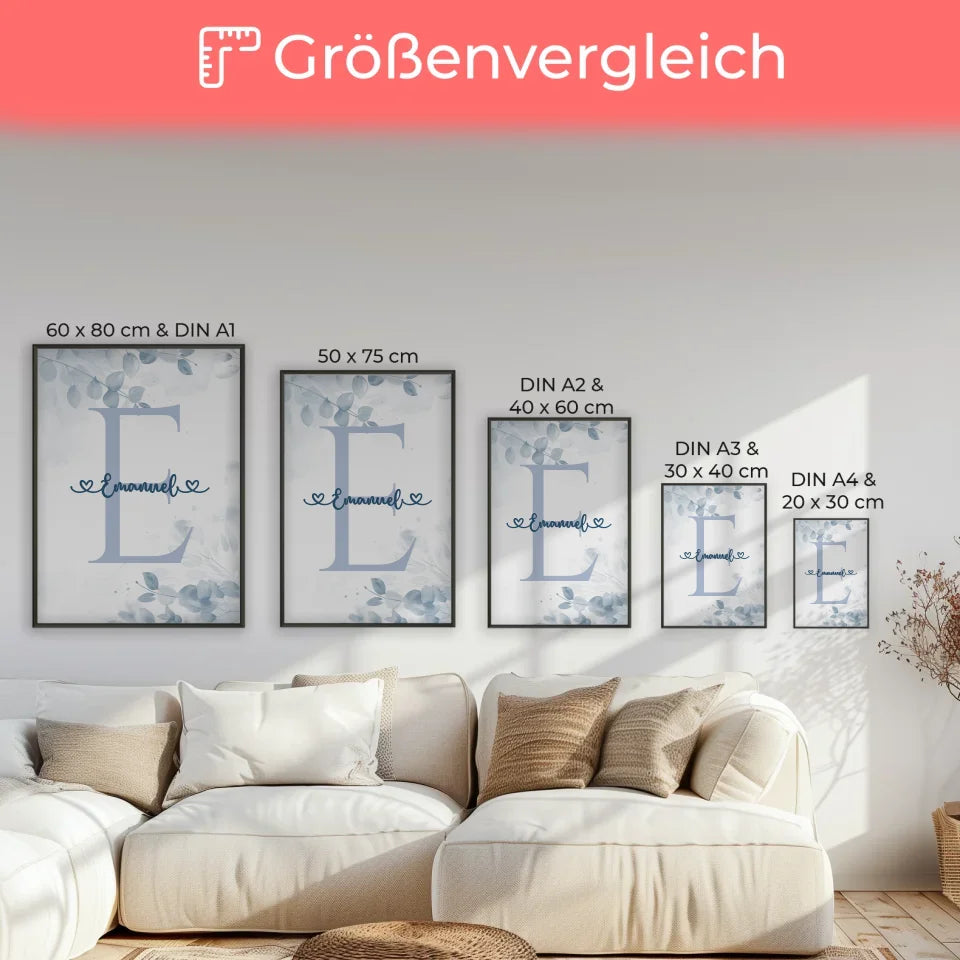 Personalisiertes Poster Anfangsbuchstaben Buchstabe E Blau für Jungen 7