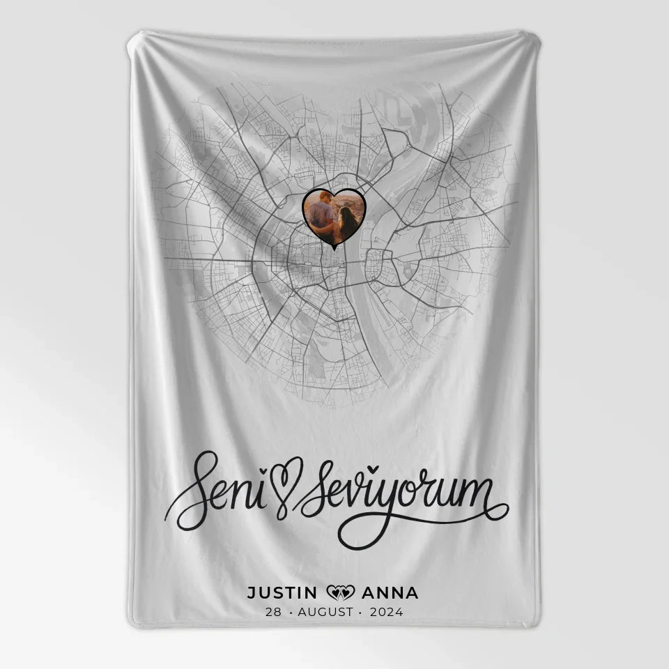 Personalisierte Stadtkarten Decke Paare Herz Seni Seviyorum 7