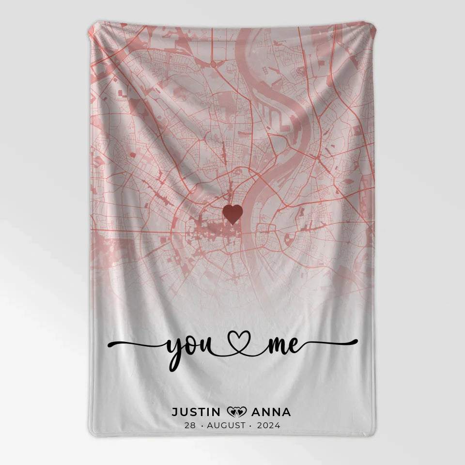 Personalisierte Stadtkarten Decke für Paare You & Me Roserot mit Namen 7