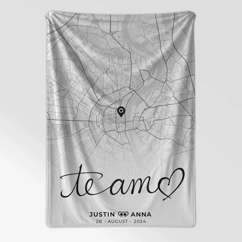Personalisierte Stadtkarten Decke für Paare Te Amo Schwarz Weiß 7