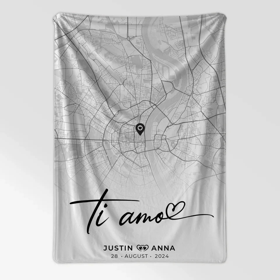 Personalisierte Stadtkarten Decke für Paare Ti Amo Schwarz Weiß Wo Alles Begann 7