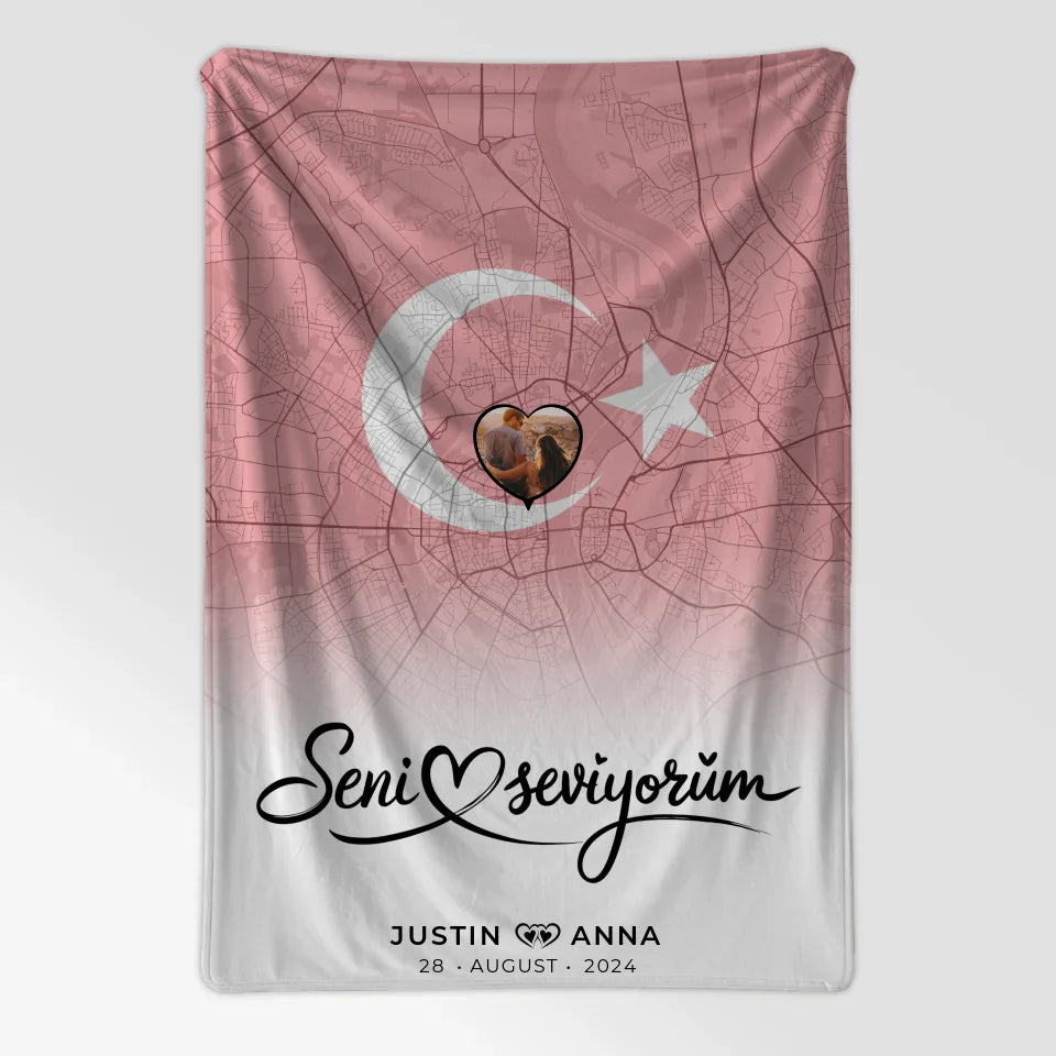 Personalisiert Foto Decke Paare Stadtkarte Türkei Seni Seviyorum 7