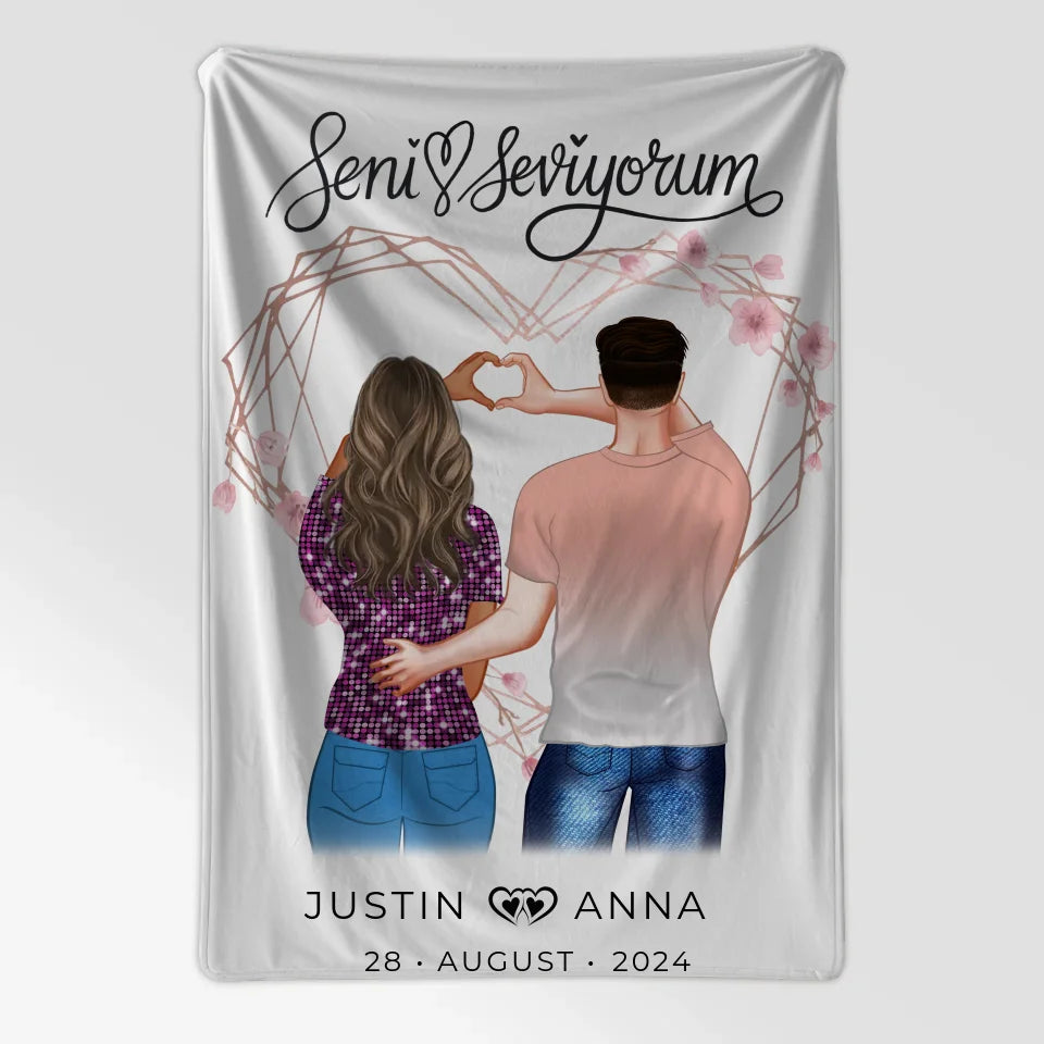 Personalisierte Decke für Paare mit Figuren und Namen Seni Seviyorum 7