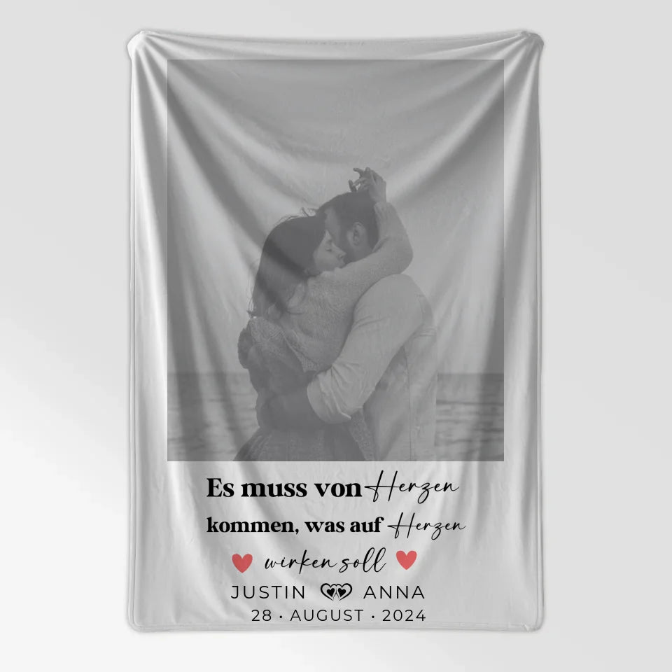Personalisierte Foto-Decke für Paare mit Namen von Herzen Black & White 7