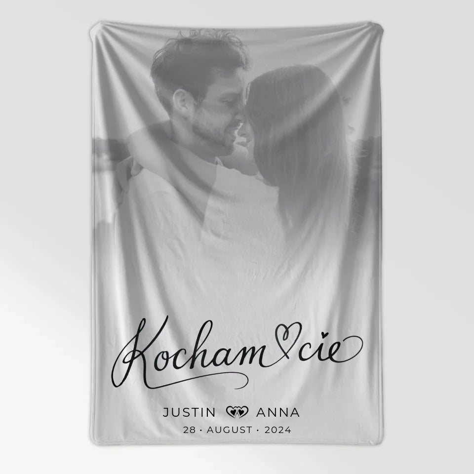 Personalisierte Decke Paare Foto Schwarz Weiß Kocham Cie mit Namen 7